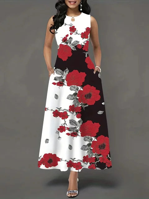 Women's V-neck Sleeveless Long Dress Retro Bohemian Dresses Floral Print Swing Casual New 