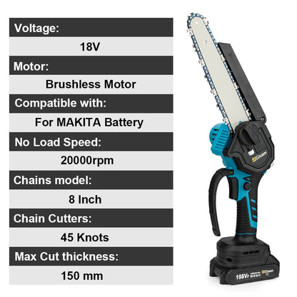 Gisam 8 Inch Brushless Chain Saw Cordless Electric Saw Woodworking Garden Pruning Chainsaw Power Tool For Makita 18V Battery Pin