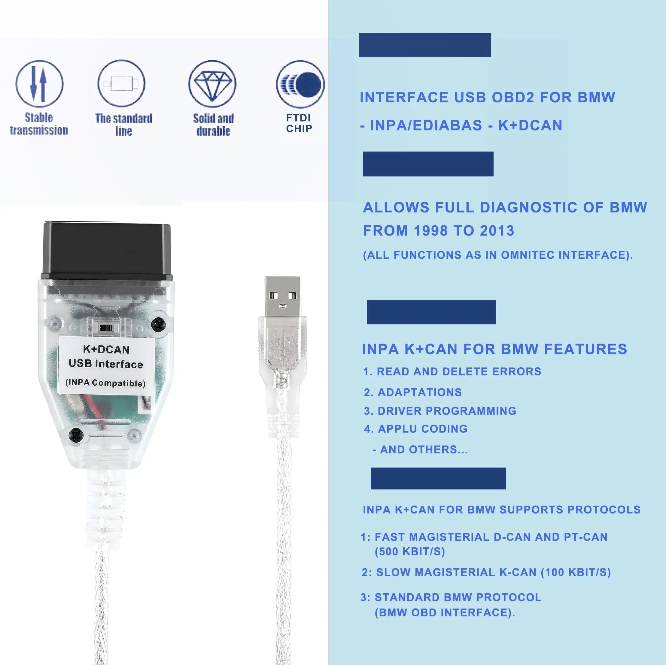 INPA K+CAN K+DCAN Automotive Connector Code Diagnostic Tool with Switch OBD2 USB Interface for BMW OBD2 Scanner OBDII Reader