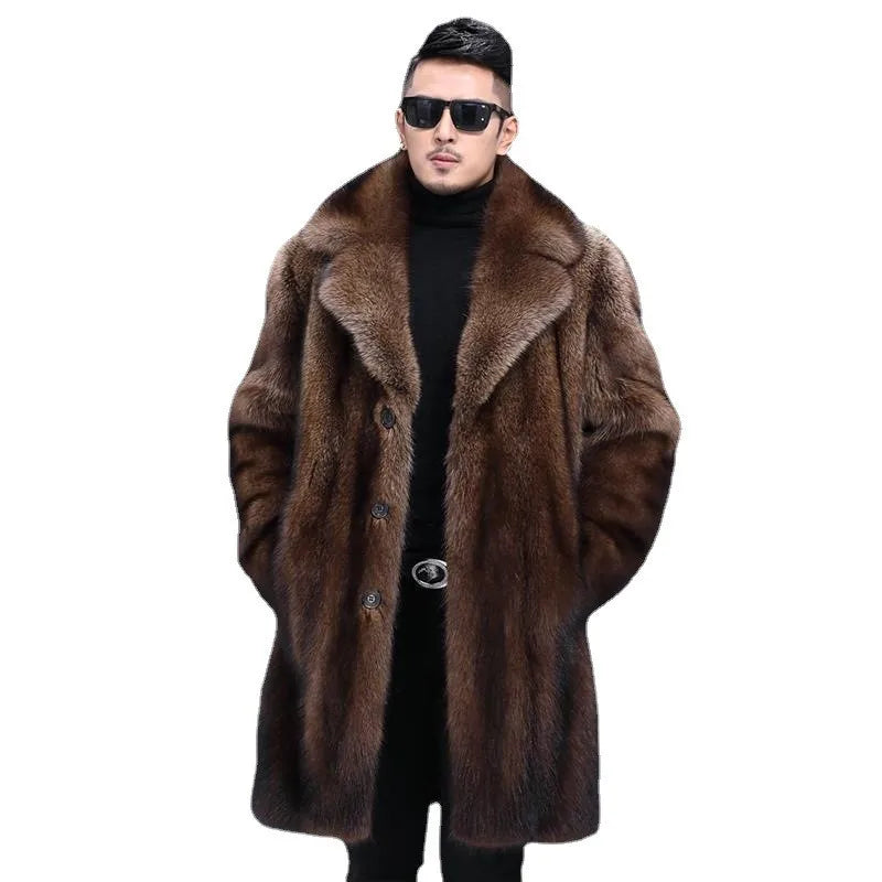 Abrigo largo de piel de visón cálido de invierno para hombre, chaqueta gruesa, cortavientos informal holgado