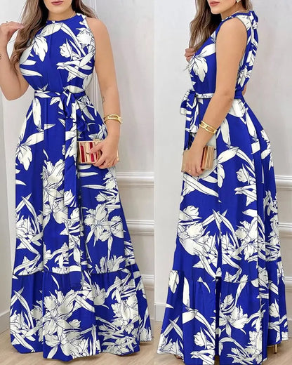 Vestido de verano para mujer, nuevo, sexy, sin mangas, con cuello colgante y cordones en la cintura, falda a la moda con estampado de hojas de loto, largo hasta el suelo.