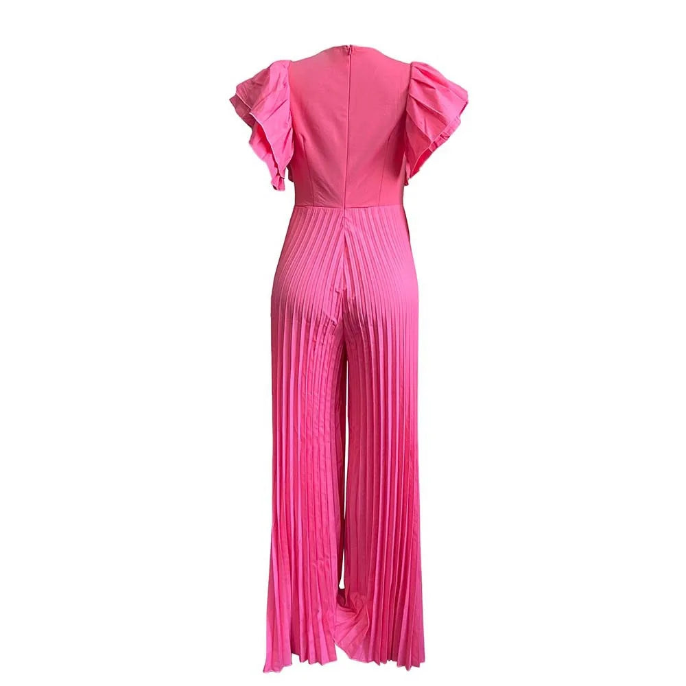 Elegant Pleated Jumpsuits & Rompers for Women V Neck Ruffles High Waisted Loose Floor Length Luxury Female Birthday Party Romper