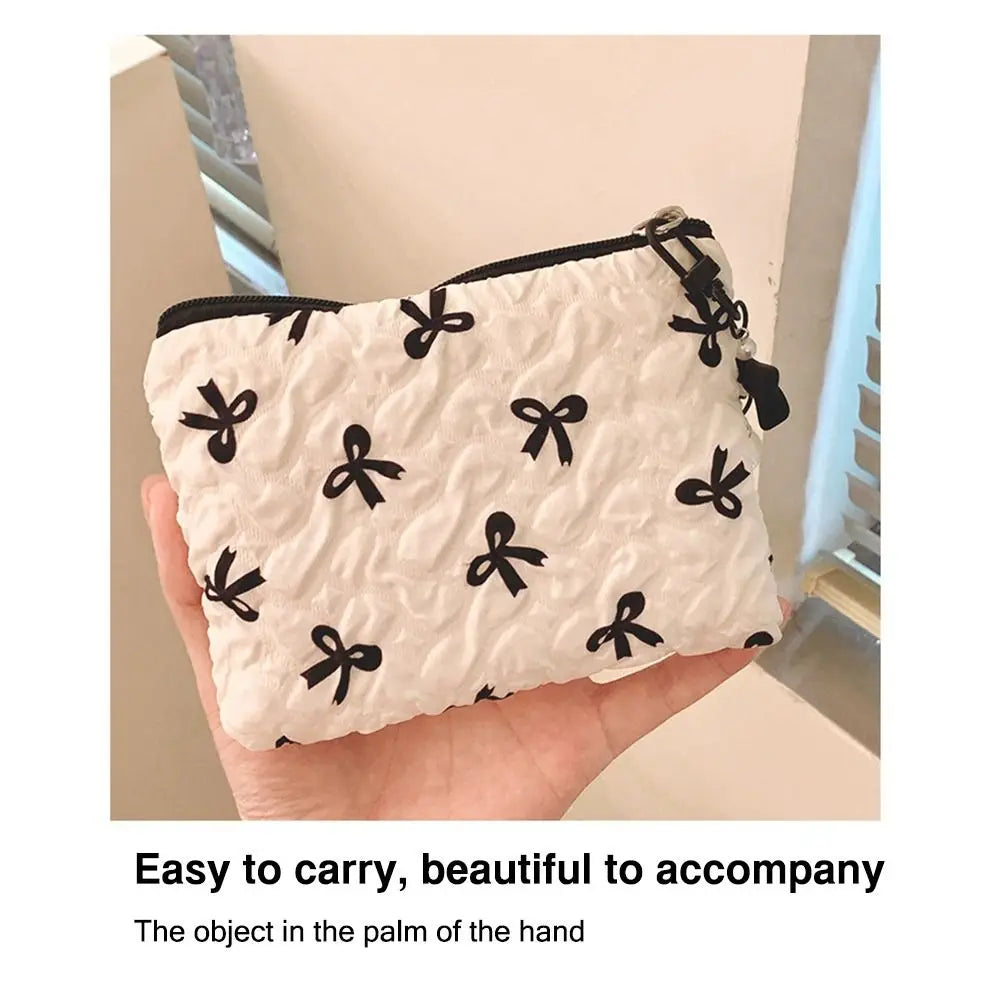 Cotton Makeup Bag for Women Quilted Travel Cosmetic Bag Girls' Make Up Organizer Portable Little Bow Makeup Pouch