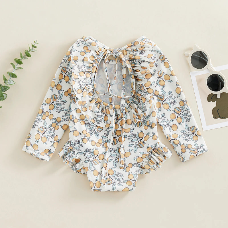 Kids Baby Girl Summer Swimwear Floral Print Backless Ruffles Long Sleeve Bodysuit Bathing Suit Girls Beachwear 0-4 Years