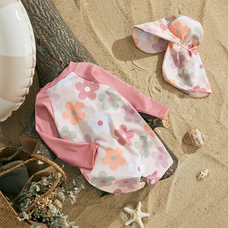 Trajes de baño de verano para niñas y niños pequeños, de manga larga, con estampado floral/tropical, con cremallera y sombrero.