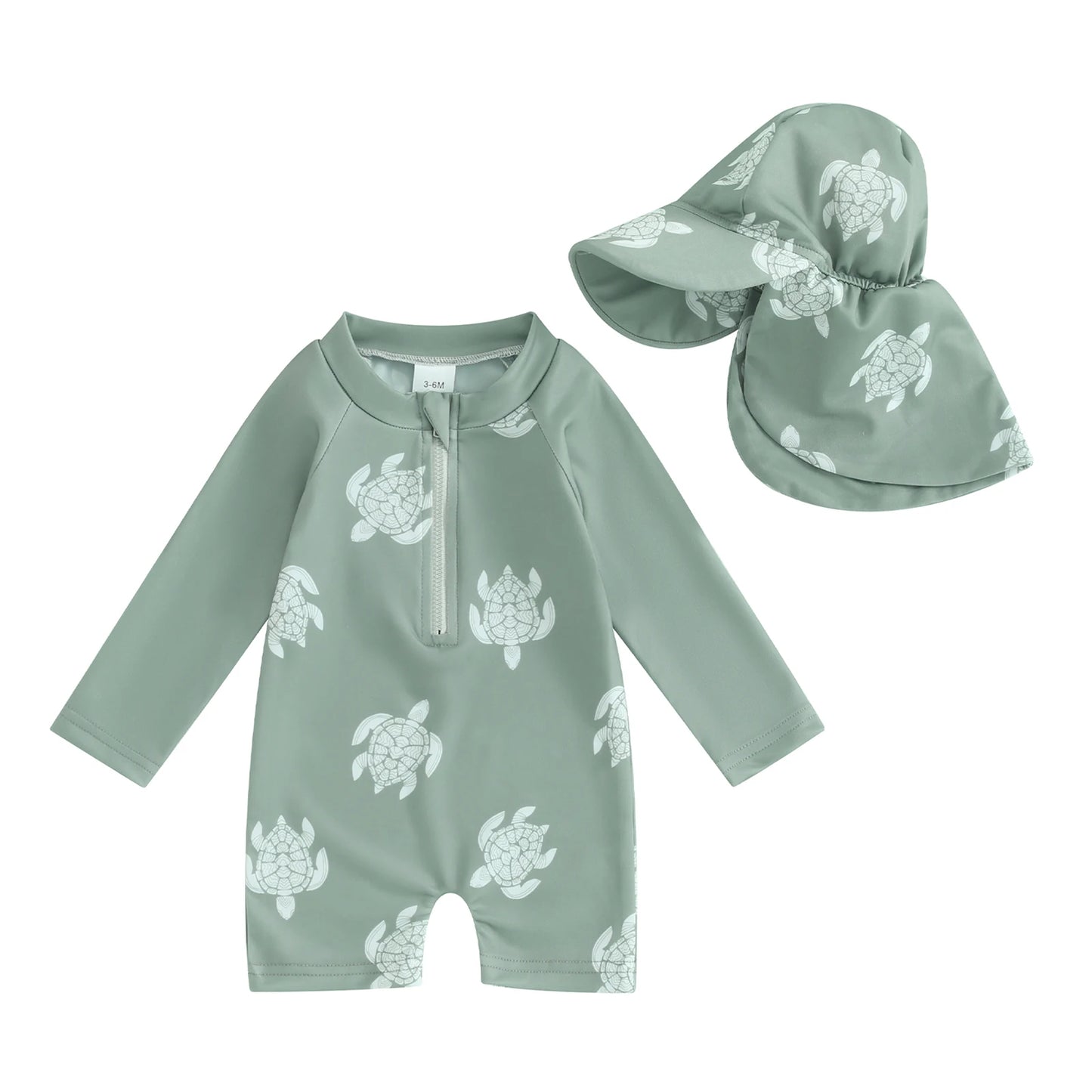 Trajes de baño de verano para niñas y niños pequeños, de manga larga, con estampado floral/tropical, con cremallera y sombrero.