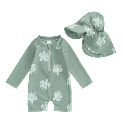 Trajes de baño de verano para niñas y niños pequeños, de manga larga, con estampado floral/tropical, con cremallera y sombrero.