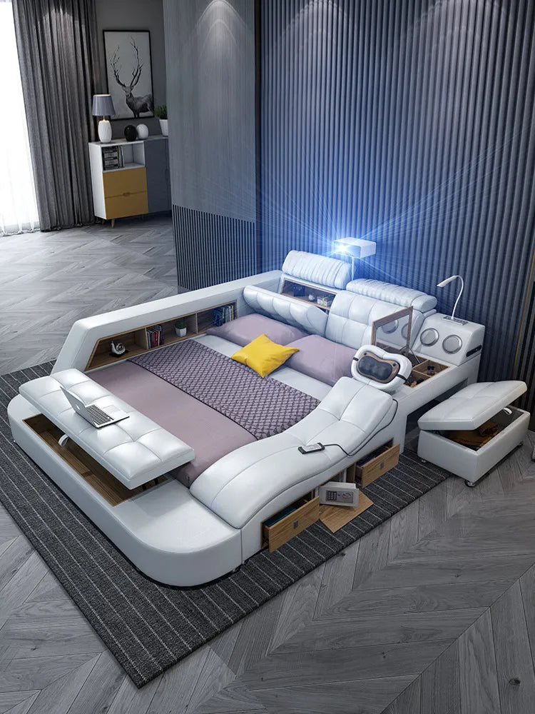 Light Luxury Leather Multi-functional Intelligent Projection Bed Modern Simple 1.8 Double Bed Storage Wedding Bed