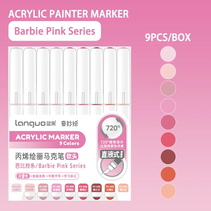 Languo 9pcs/box Soft Brush Acrylic Marker Pen Set，DIY Hand Drawn,Paint Art Markers pens,Student Graffiti Acrylic Paint Pens,M720