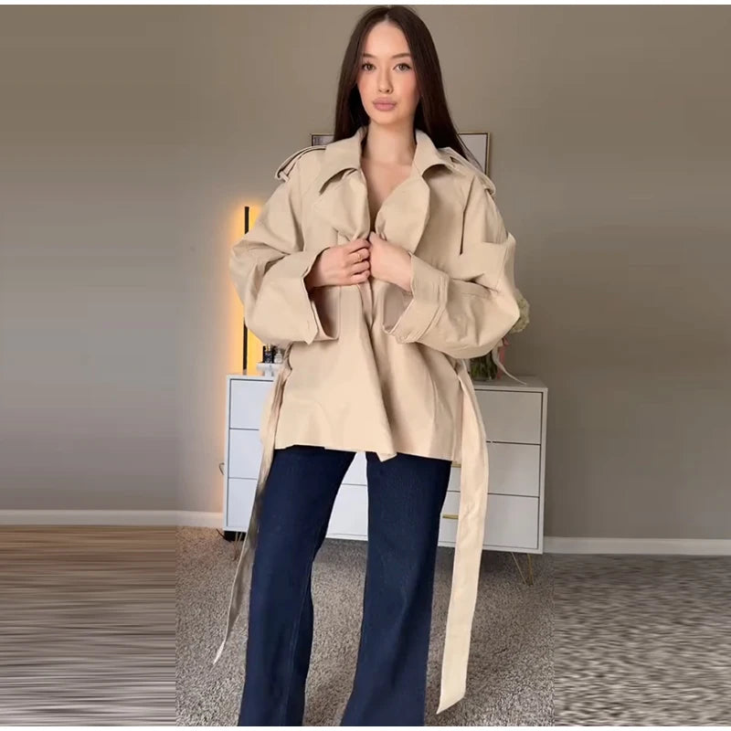 Casual Office Women's Bomber Jacket Chic Lace Up Lapel Collar Full Sleeve Female Coat Spring New Office Lady Outerwear Commuting