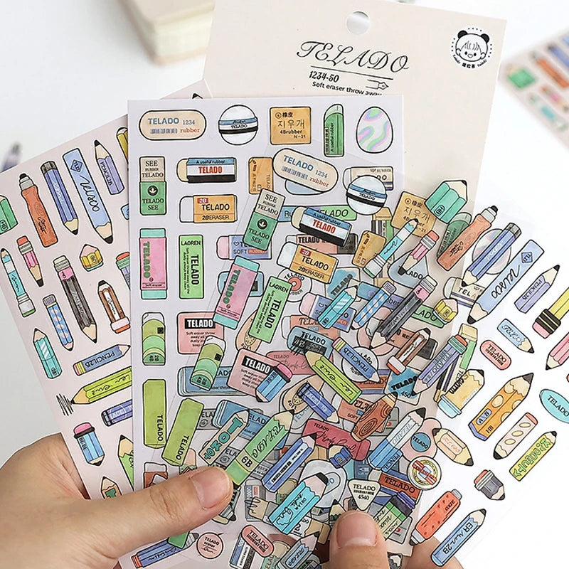 8pcs Pencils Erasers Pens Clips Stationery Themed Stickers Handbook DIY Notebooks Dairy Pens Students' Back-to-School Gifts