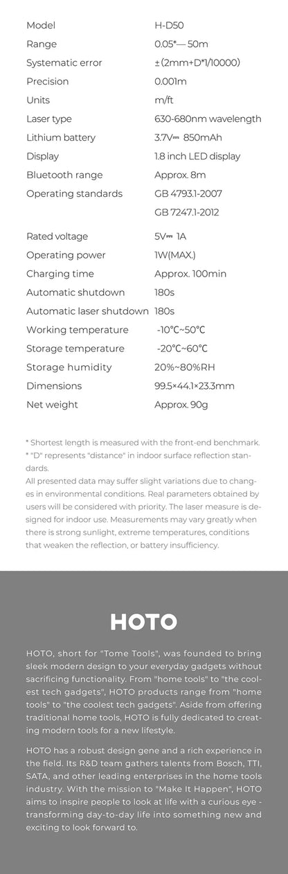 HOTO Smart Laser Measure Pro LED Display Intelligent Digital Laser Tape Measuring Tool Rechargeable Laser Ruler Rangefinder
