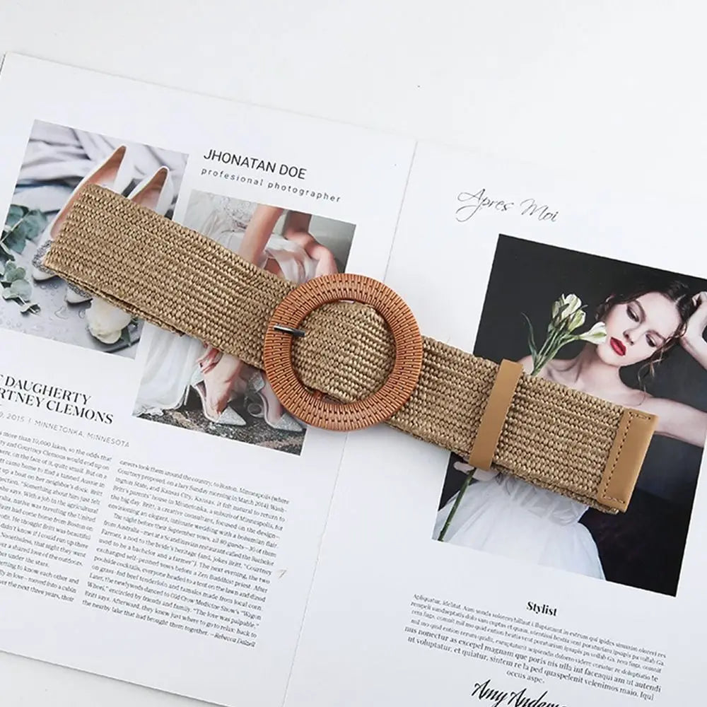 Fashion Women PP Straw Belt Bohemian Wide Elastic Waist Belt Braided Waistbelt Summer Casual Cloth Waistbelt Apparel Accessories