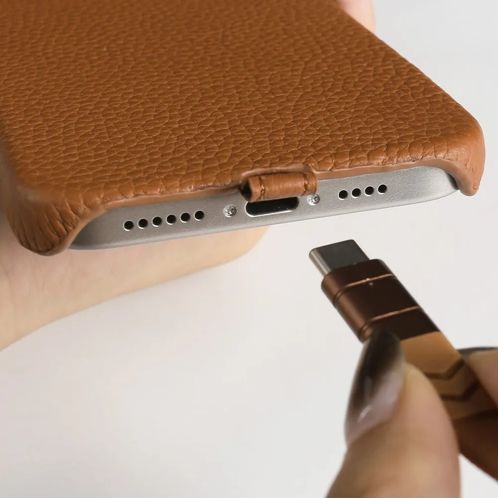 Funda de piel auténtica personalizable con cordón de carga para iPhone 16 Pro Max, 15, 14, 13, 12 y 11, con funda magnética.