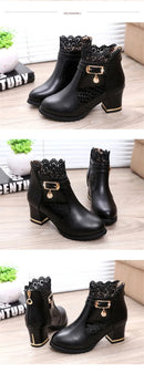 2025 Round Toe Women Fashion Crystal Belt Buckle Boots 6CM Square High Heels Shoes Sexy Leopard Lace Ankle Boots Woman Red Black