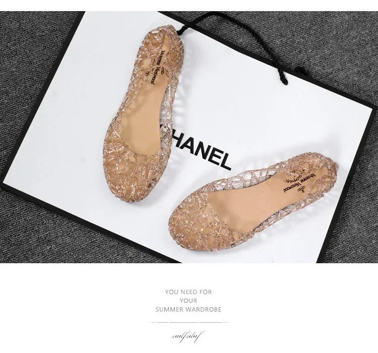 Women's Flat Bottom Plastic Jelly Sandals Hollow out Slip-On Beach Shoes Comfortable Lightweight Summer Footwear