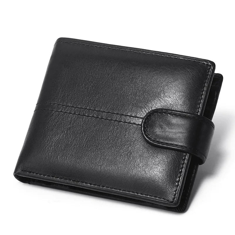 Men's Genuine Leather Wallet, Anti-Theft RFID Brush, Anti-Magnetic, Short Coin Purse, Large Capacity, Multi-Slot Buckle Wallet
