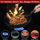 Carbon Steel Wok Pan 32cm Stir-Fry Pans with Wooden Lid Uncoated Flat Bottom Chinese Pan for Induction Electric Gas All Stoves