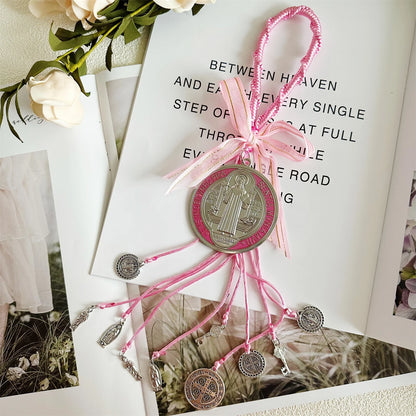 Saint Benedict Medal Protection Blessing Charm Pink Enamel Double Side Catholic San Benito Medalla Cross Charm Easter Gift