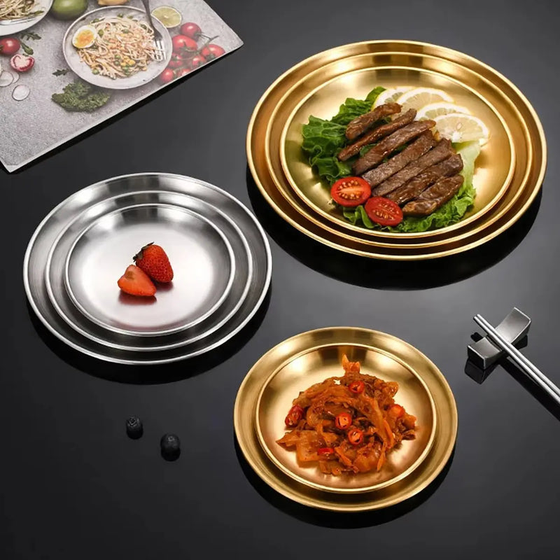 4Pcs Stainless Steel Round Plate Bone Spitting Dish Shallow Tray Metal Camping Plate Dining Disc BBQ Picnic Dishes Cookware