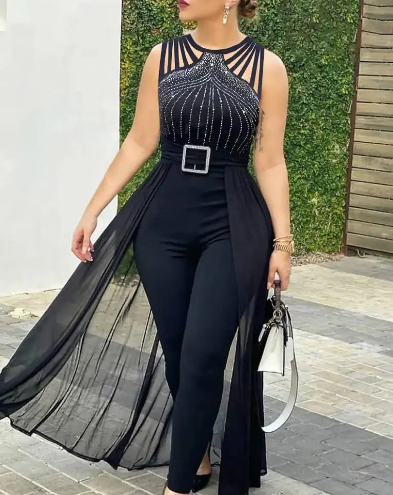 Mono de mujer 2024 verano sencillo sin mangas cuello redondo diamantes de imitación moda sexy malla transparente mono informal para uso diario