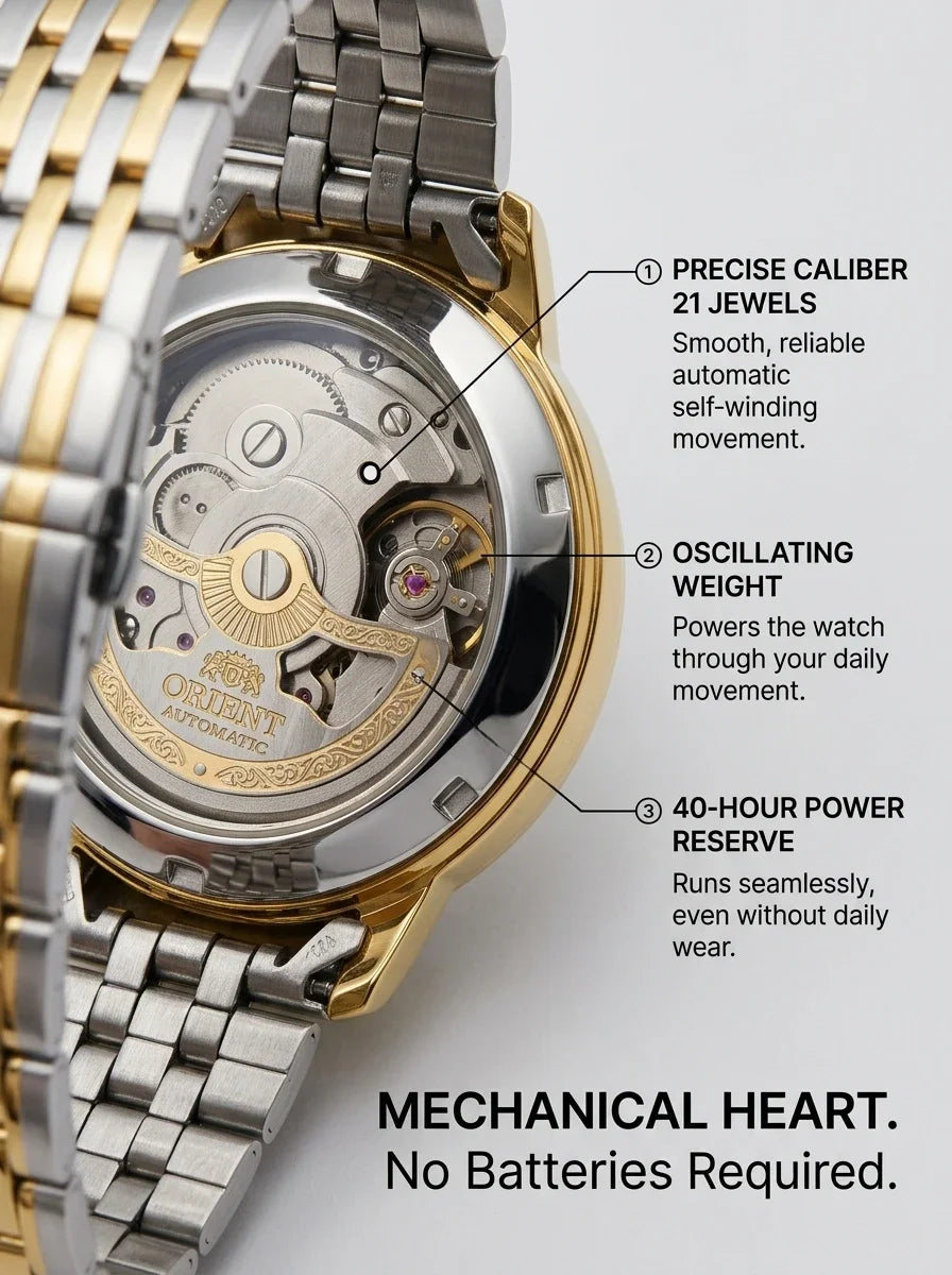 Relógio feminino automático bicolor calendário duplo em aço inoxidável