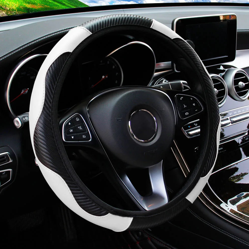 PU Carbon Fiber Leather Car Steering Wheel Cover without Inner Ring Suitable for 14.5-15 Inches Auto Supplies
