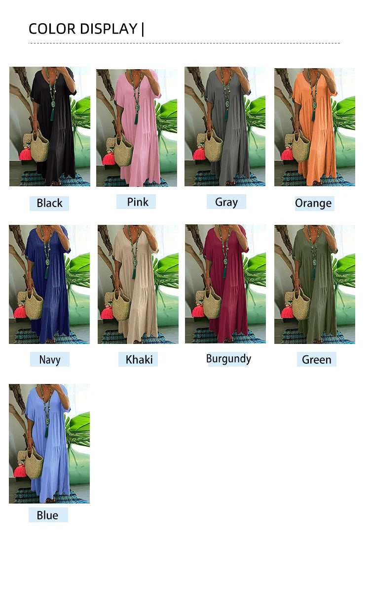 Plus Size 2025 Summer New V-neck Short Sleeve Pleated Solid Colour Loose Casual Midi Dress Basic Hem Pleated