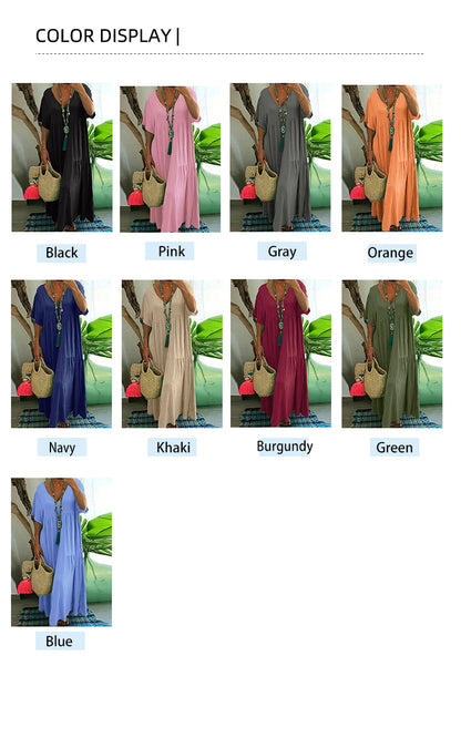 Plus Size 2025 Summer New V-neck Short Sleeve Pleated Solid Colour Loose Casual Midi Dress Basic Hem Pleated