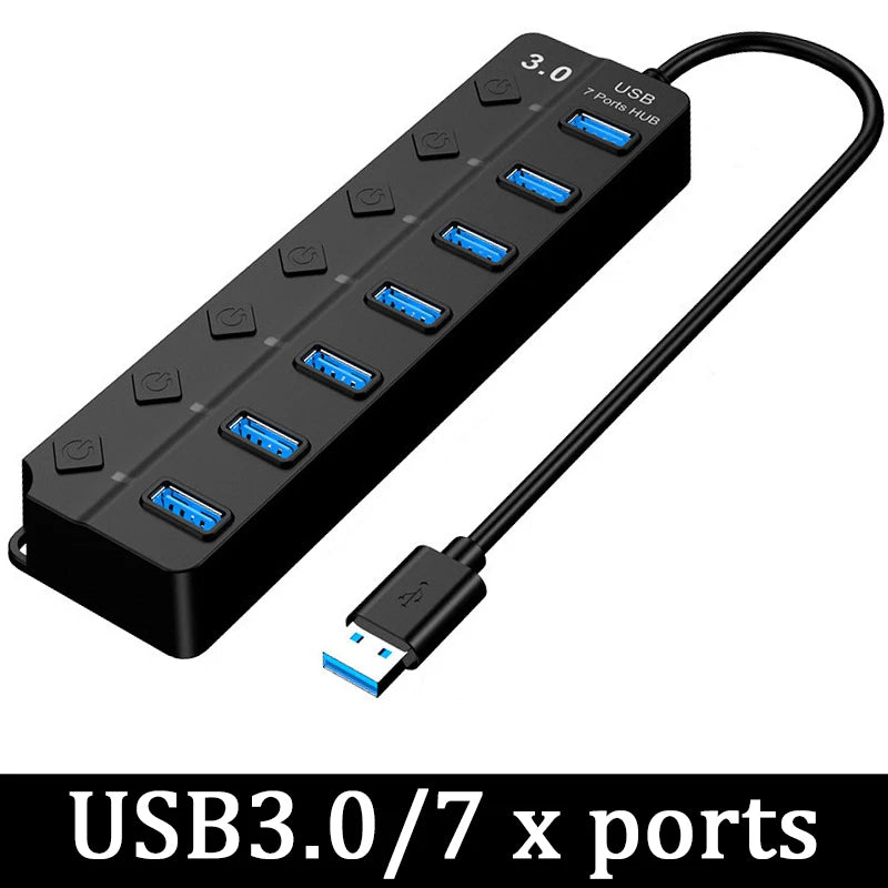 Adaptador de corriente USB 3.0, concentrador divisor multiUSB de 4/7 puertos, concentrador USB 2.0, conmutador expansor múltiple USB, concentrador de cable de 30 cm, estaciones de acoplamiento