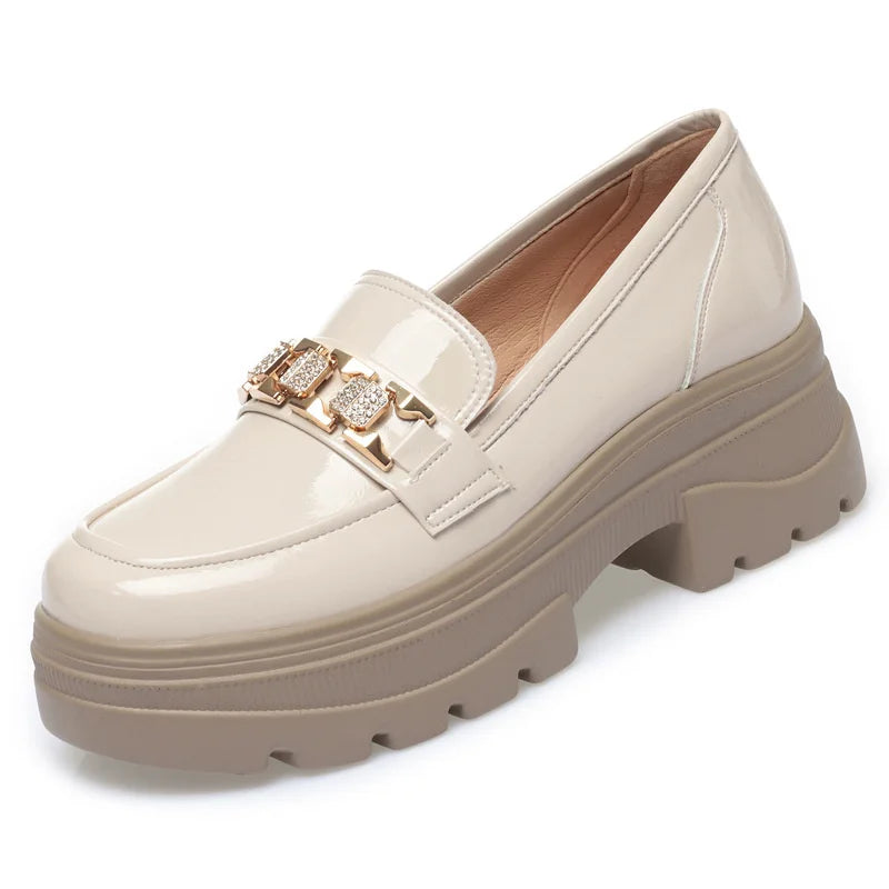 5.5cm British Style Thick Bottom Patent Leather Loafers Women's Platform Shoes 2024 Spring Shallow Block Heels Shoes Office