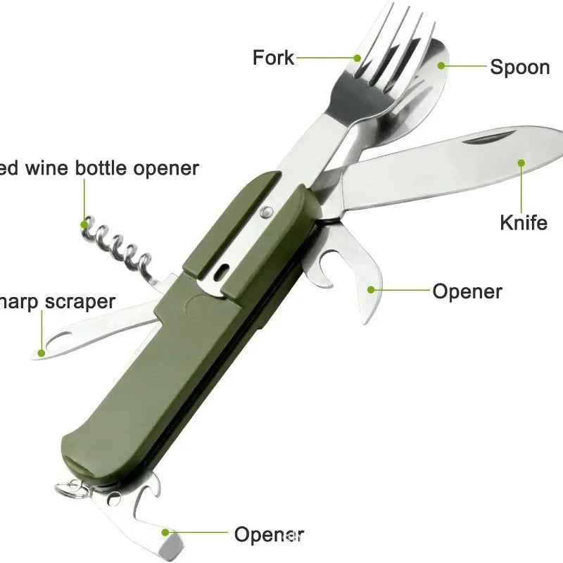 7 in 1 Multifunctional Outdoor Tableware Survival Tools Stainless Steel Foldable Fork Spoon Knife Picnic Camping Dinnerware