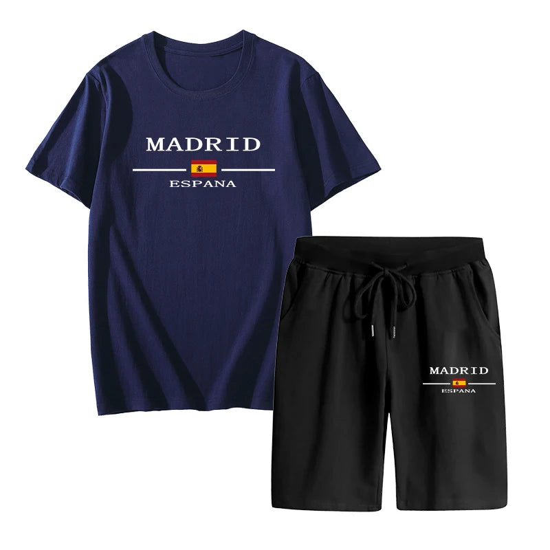Madrid Spain Pattern T-shirts 2pcs Set High Quality Pure Cotton Tops and Quick Dry Shorts Mens Casual Sports Football Suits