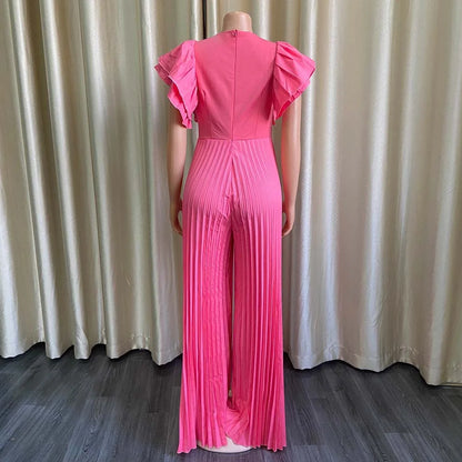 Elegant Pleated Jumpsuits & Rompers for Women V Neck Ruffles High Waisted Loose Floor Length Luxury Female Birthday Party Romper