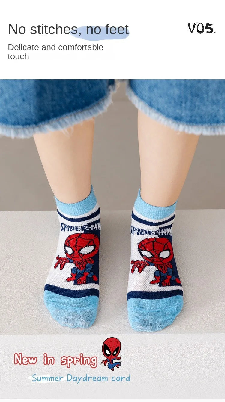 5 Pairs Children Socks Spider-Man Kids Boys Short Socks Iron Man Captain America Cartoon Baby Summer Spring Mesh Socks 1-12Y