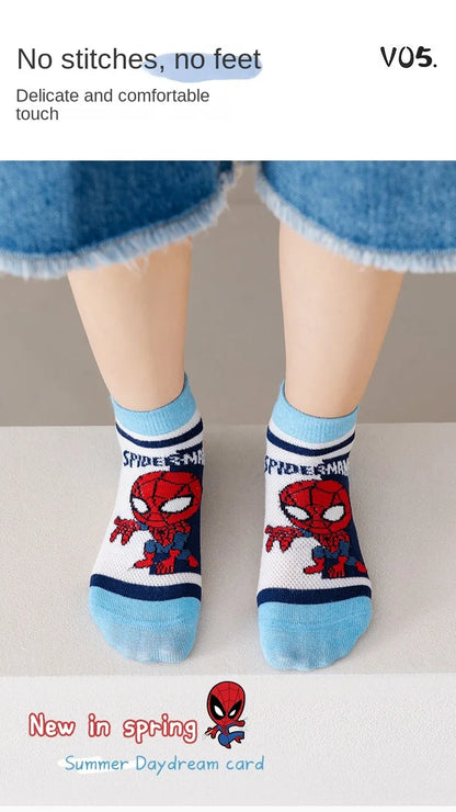 5 Pairs Children Socks Spider-Man Kids Boys Short Socks Iron Man Captain America Cartoon Baby Summer Spring Mesh Socks 1-12Y