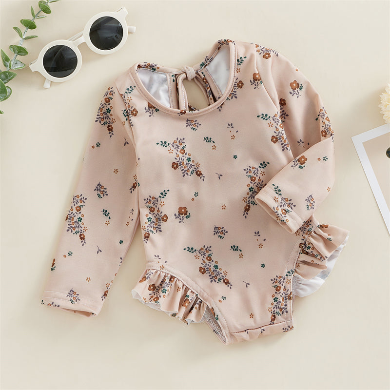Traje de baño de verano para niñas pequeñas, estampado floral, sin espalda, con volantes, manga larga, ropa de playa para niñas de 0 a 4 años