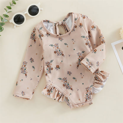 Traje de baño de verano para niñas pequeñas, estampado floral, sin espalda, con volantes, manga larga, ropa de playa para niñas de 0 a 4 años