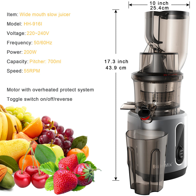 BioloMix Cold Press Juicer with 75mm Feed Chute, 200W 40-65RPM Powerful Motor Slow Masticating Juice Extractor Fits Whole Fruits