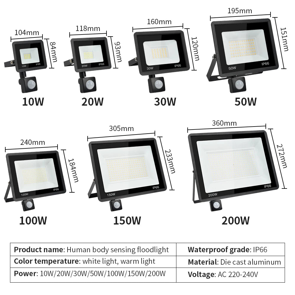 Holofote led com sensor de movimento pir, luz de parede externa, luz branca, 100w 50w 30w 20w 10w ip66, à prova d'água, holofote led para jardim