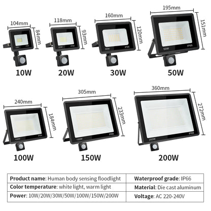 Holofote led com sensor de movimento pir, luz de parede externa, luz branca, 100w 50w 30w 20w 10w ip66, à prova d'água, holofote led para jardim