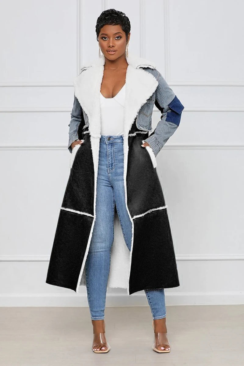 Women's Jackets Plus Size Turn-down Collar Temperament Patchwork Denim Lace Up Waist Long Sleeve Overcoat Woolen Coat Female