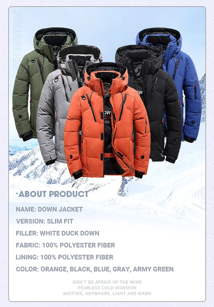 Chaqueta de plumón para hombre, abrigo de invierno de pato blanco, parka cálida y resistente al viento, para viajes y acampadas, nueva, gruesa, de color sólido, con capucha.