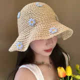 Lovely Foldable Straw Hat Sun Protection UV Protection Panama Cap Little Flowers Breathable Fisherman Cap Summer Bucket Hat