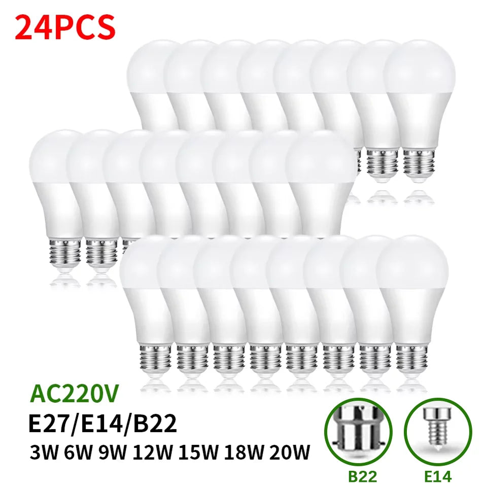 24 pçs lâmpadas led e27 e14 b22 ac220v lâmpada 20w 18 15 12 9 6 3 lampada sala de estar casa led bombilla