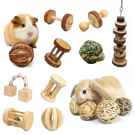 Guinea Pig Rabbit Hamster Small Animal Play Pet Roller Toys Natural Wooden Pine Dumbells Unicycle Bell Chew Chewing Braided Ball
