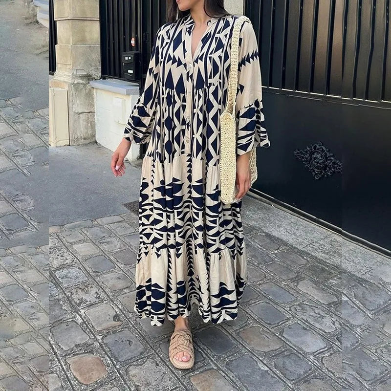 Women Print Long Sleeve Dress V-neck Long Sleeve High Waist Single Breasted Long Skirt New Holiday Loose Casual Women's Clothes