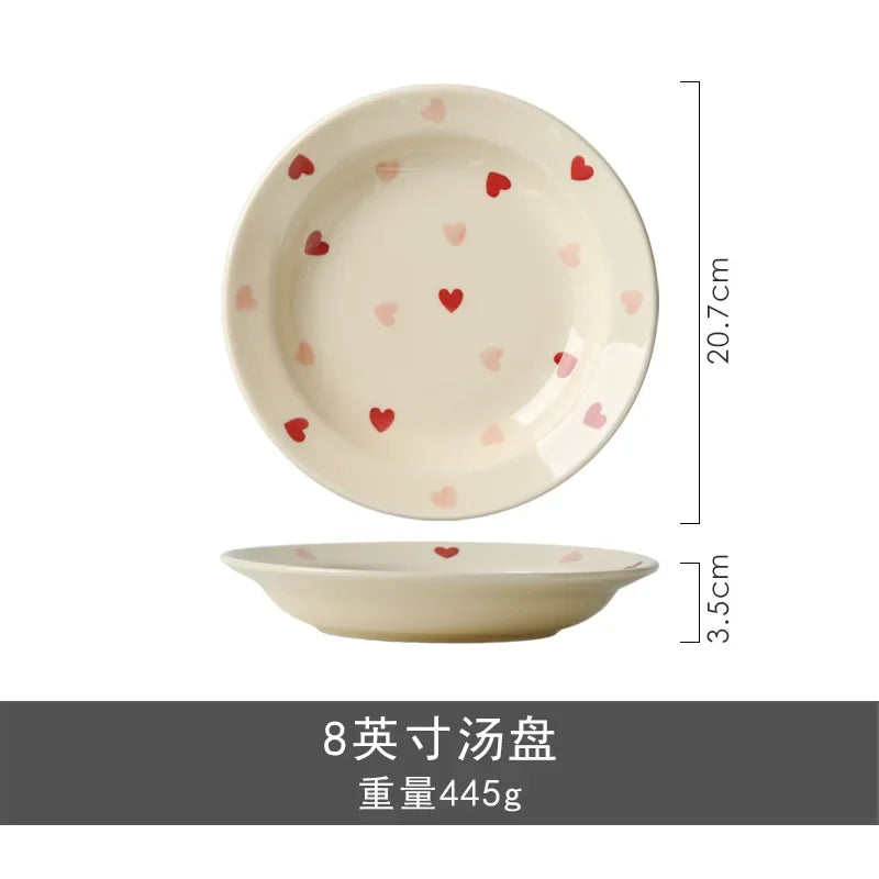Heart-shaped Ceramic Dinnerware Set, Dinner Plate, Rice Salad Bowl, Coffee Mug, Japanese Love, Warm Gift for Valentine day