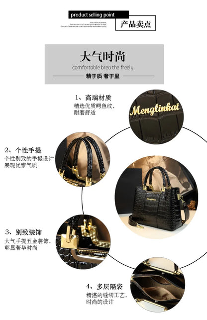 2023 New Luxury Crocodile Bag for Women Casual Tote High Qualtiy Patent Leather Shoulder Purses Elegant Dinner Noble Purse Black