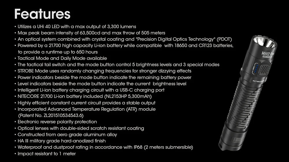 NITECORE MH12 Pro USB-C Rechargeable Compact UHi 40 LED Flashlight 3300 Lumens Lantern Emergency Tactical Torch with NL2153HP